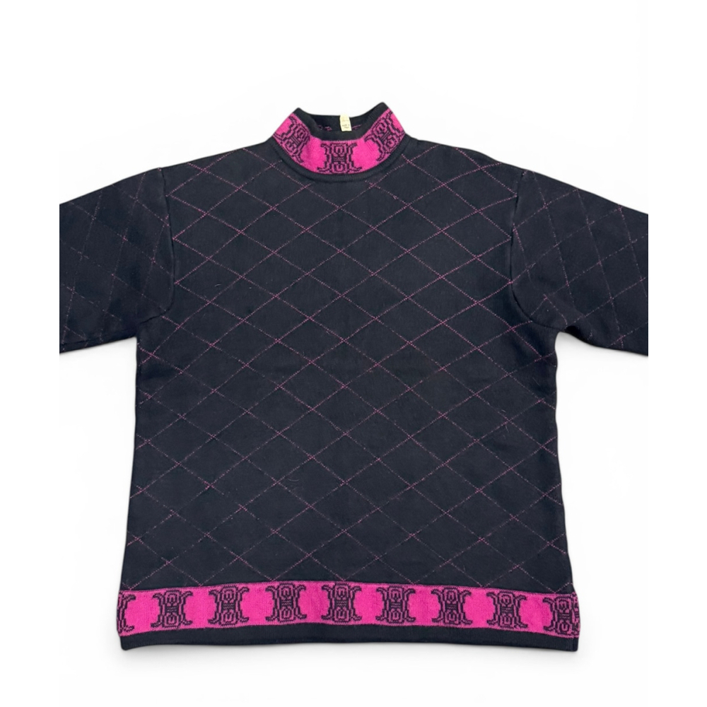 VTG RARE Celine Paris Women's Wool Sweater Argyle Mock Neck Made in Italy Sz L - Picture 4 of 12